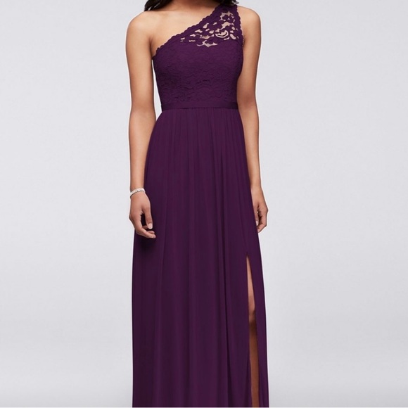 David’s Bridal Elegant Purple One-Shoulder Lace Dess - Picture 1 of 10